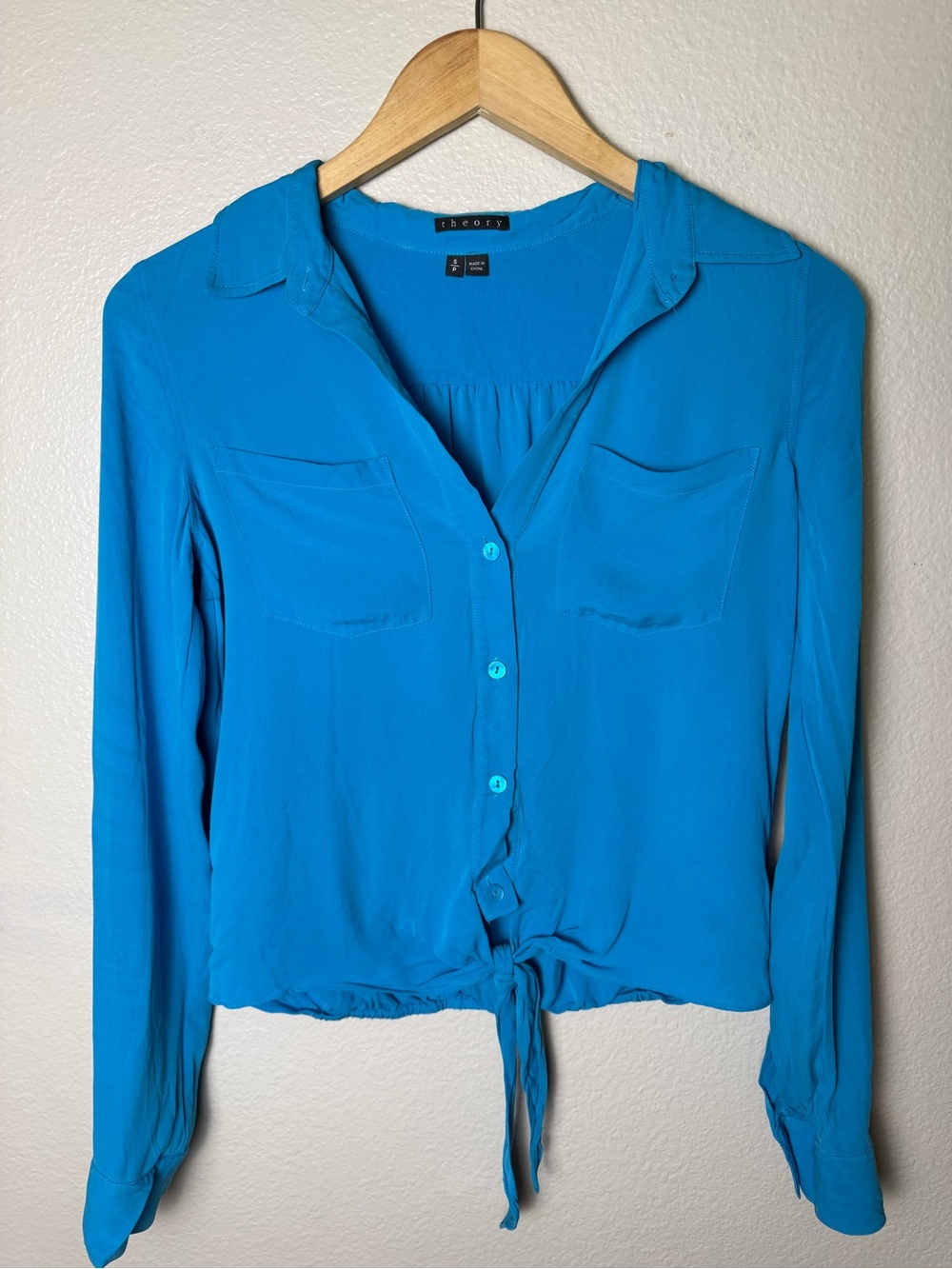Theory 100% Silk Blue Tie-Front Button Shirt